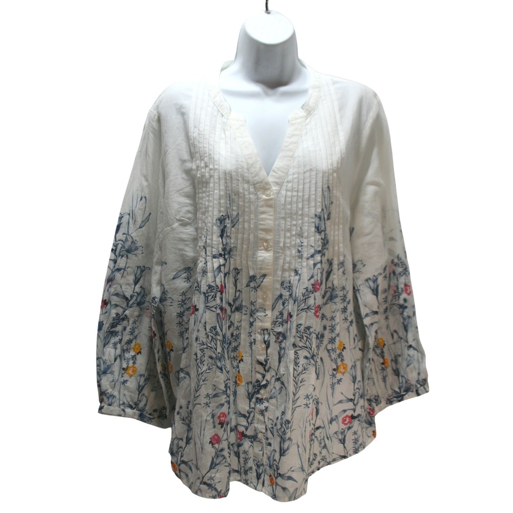 Pomodoro Cotton Tunic Top Womens 14 Floral Botanical Pintuck Boho Garden Coastal